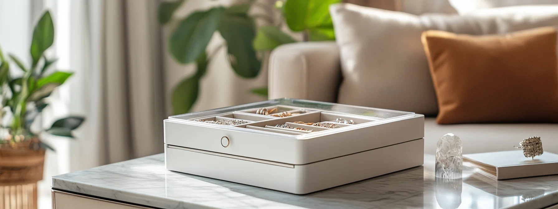 Modern customizable jewelry box, a clear top reveals velvet compartments, perfect for organization.